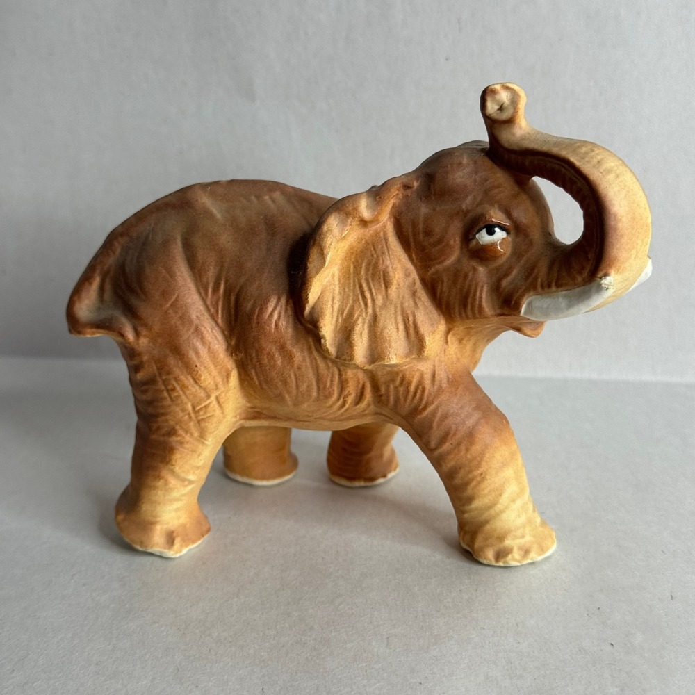 Vintage Japan Ceramic Elephant Figurine Trunk Up Brown Matte Porcelain Animal